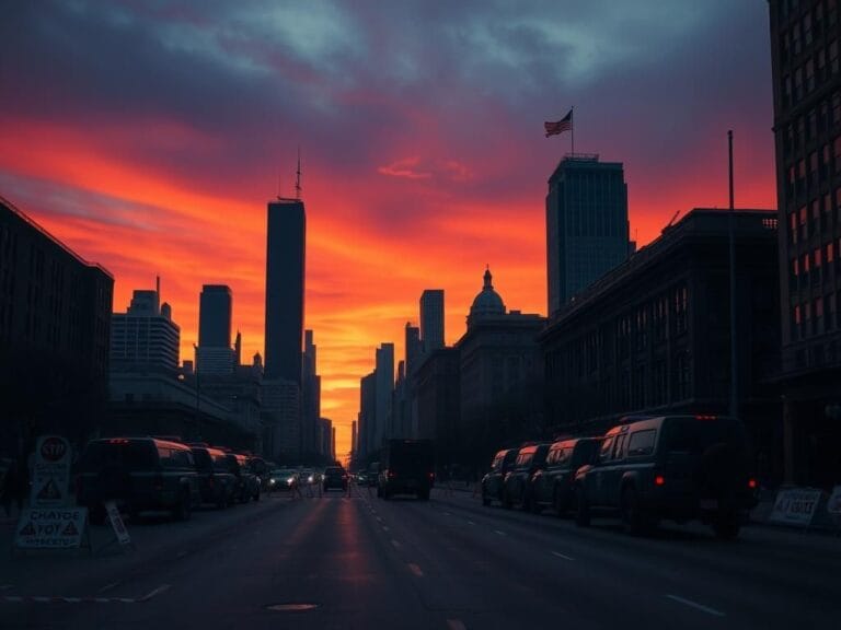 Flick International Chicago skyline at dusk with police barricades and National Guard vehicles