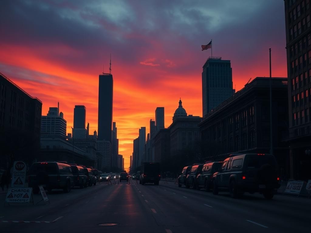 Flick International Chicago skyline at dusk with police barricades and National Guard vehicles