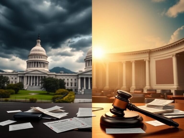 Flick International Split image showing U.S. Capitol under stormy skies and a calm legislative chamber with a gavel and scattered bills