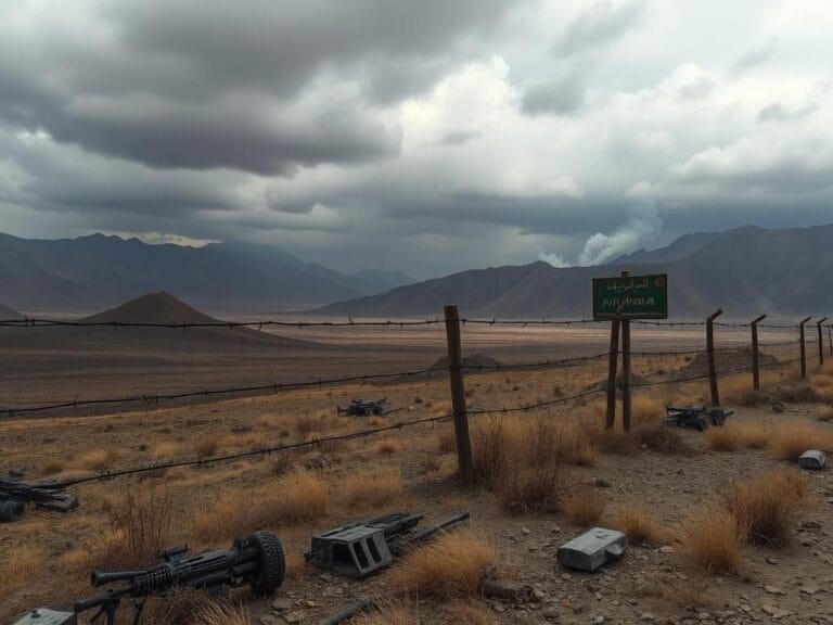 Flick International Rugged terrain along the Pakistan-Afghanistan border with barbed wire fence and military remnants