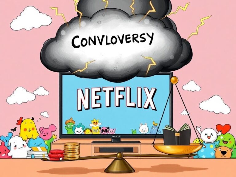 Flick International Illustration of a television screen with the Netflix logo surrounded by children's cartoon characters and a shadowy cloud labeled 'Controversy'