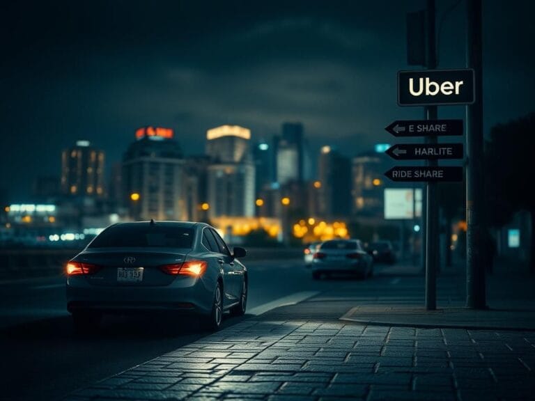 Flick International Dimly lit urban street scene with an empty Uber car waiting at the curb