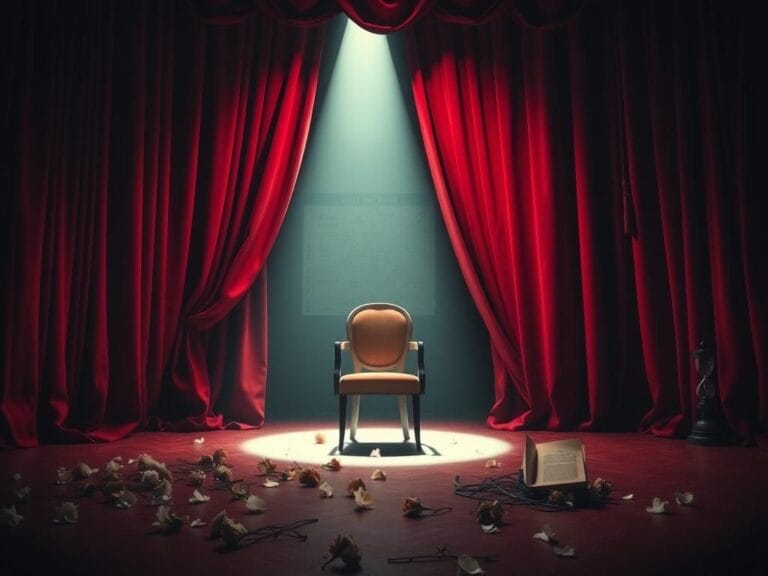 Flick International A dimly lit theater stage with an empty chair and wilted flowers, symbolizing neglected health warnings