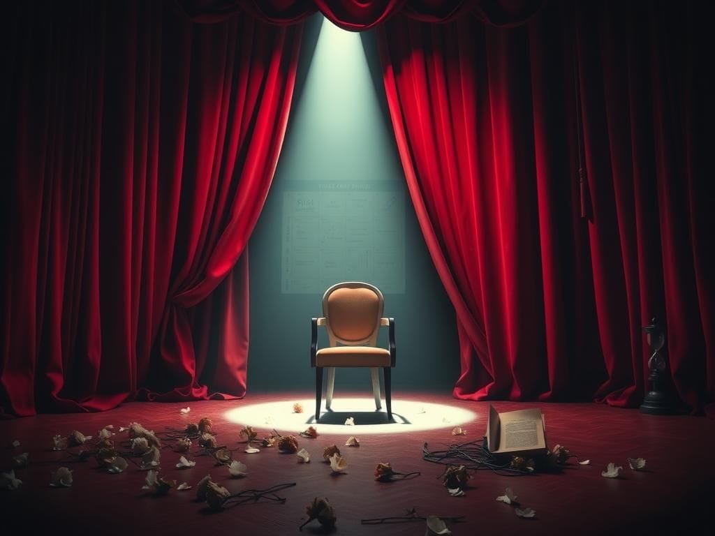 Flick International A dimly lit theater stage with an empty chair and wilted flowers, symbolizing neglected health warnings