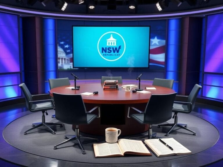 Flick International Modern television studio set with empty chairs symbolizing the need for diverse political dialogue