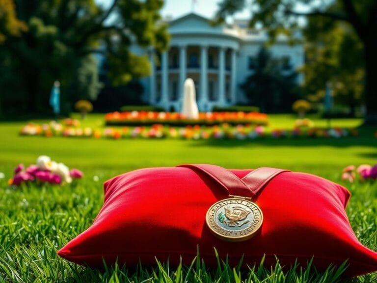 Flick International A solemn view of the Rose Garden during the Medal of Freedom ceremony with a Presidential Medal of Freedom on a red velvet pillow