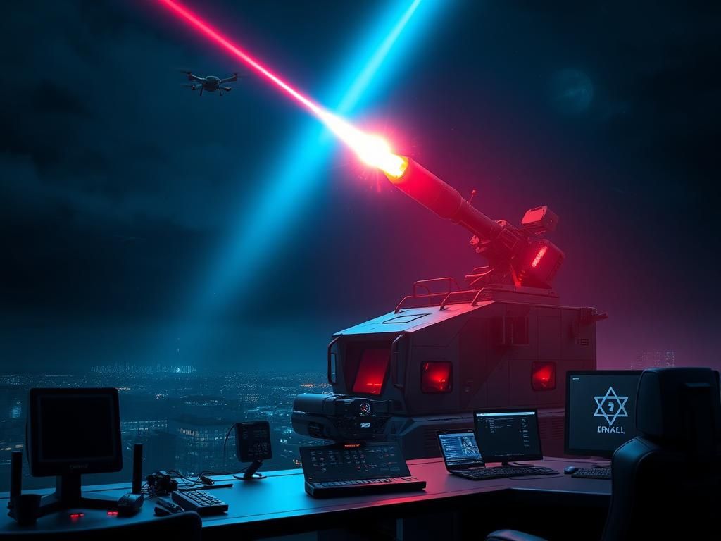 Flick International Nighttime scene of the Iron Beam laser weapon system intercepting a rocket in action