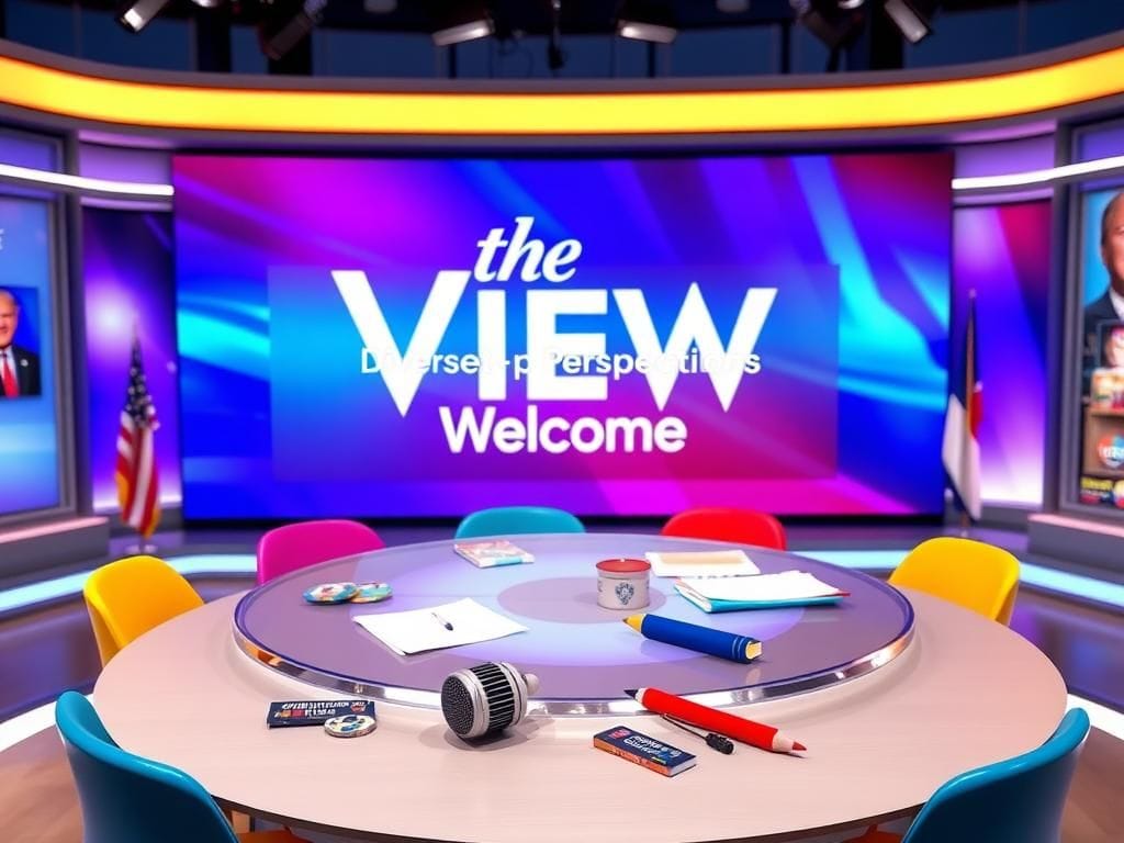Flick International A vibrant television studio set of 'The View' with a round table and colorful chairs