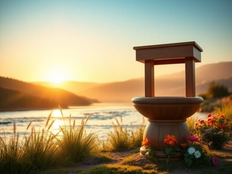 Flick International A serene outdoor baptismal scene at sunrise with a riverbank and wooden font