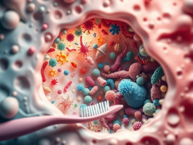 Flick International Close-up of colorful bacteria and fungi thriving in a human mouth, highlighting oral health dangers