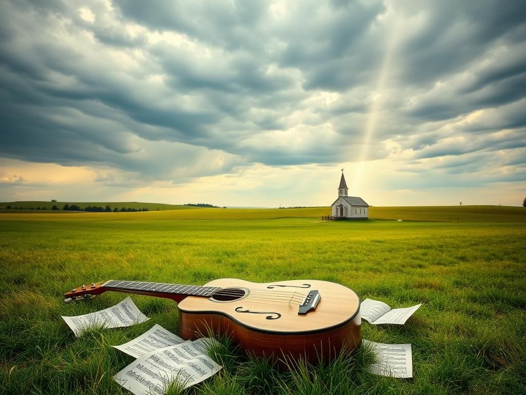 Flick International Serene landscape featuring an open field and an old wooden guitar symbolizing faith and worship music