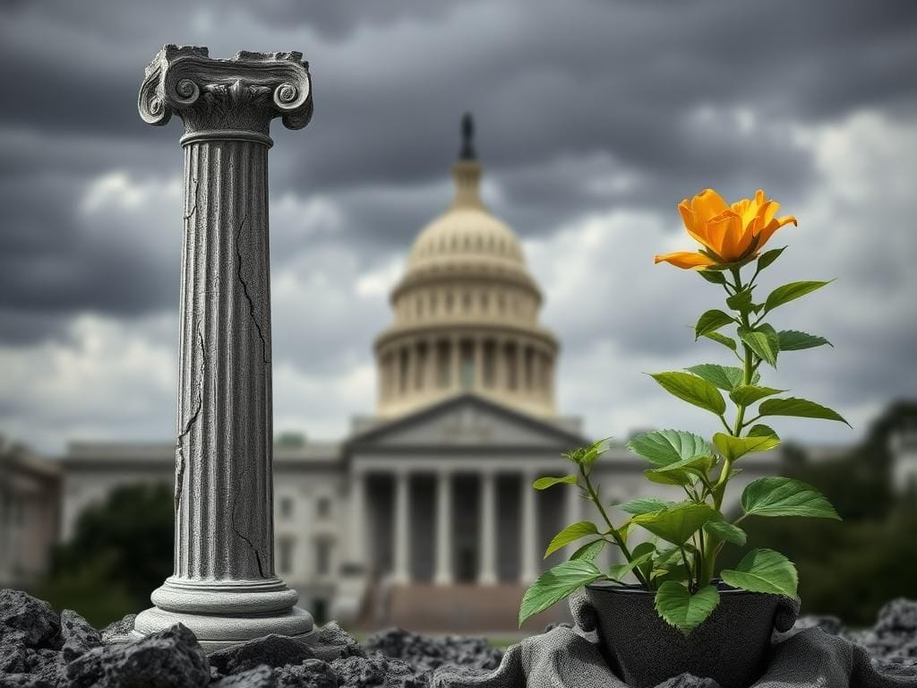 Flick International Abstract representation of political power dynamics with a crumbling column and a vibrant plant symbolizing Republican men and women.
