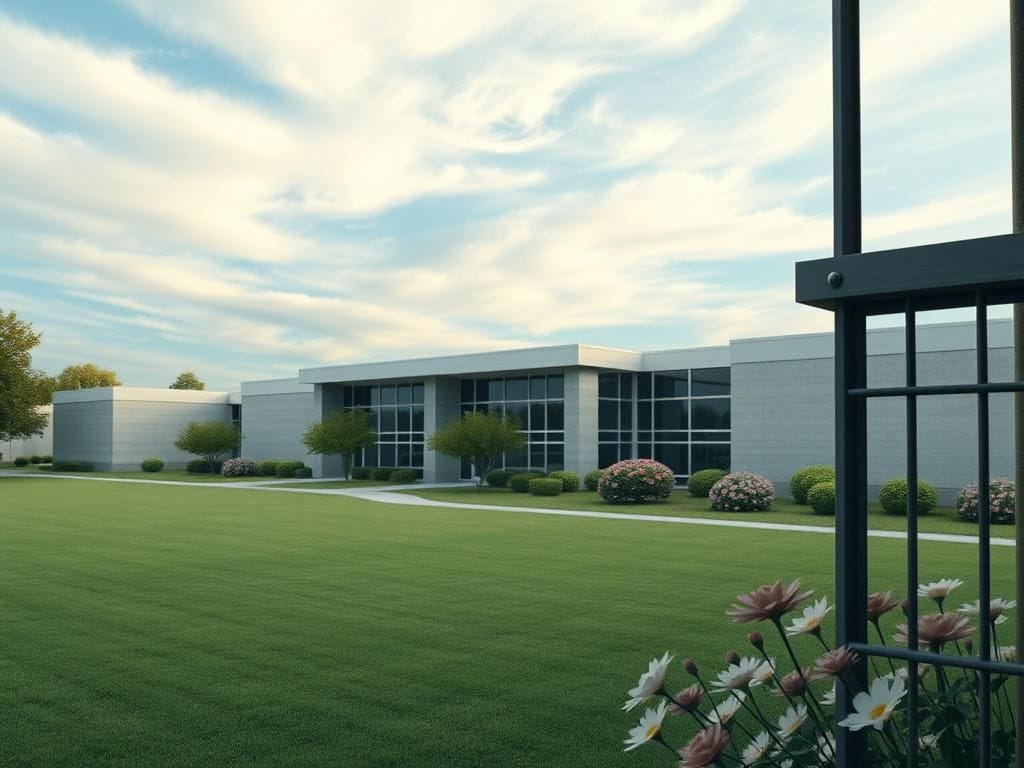 Flick International Exterior view of a minimum-security prison known as 'Club Fed', showcasing manicured lawns and modern architecture.