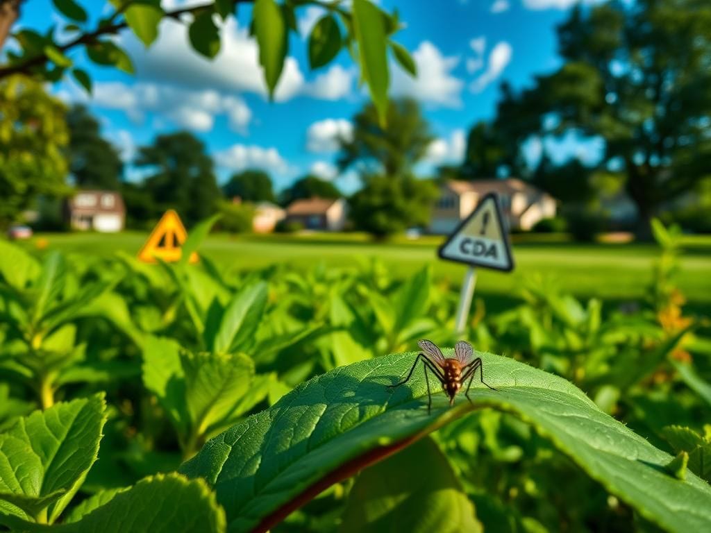 Flick International Close-up view of lush green landscape in Nassau County, New York, with mosquitoes resting on a leaf