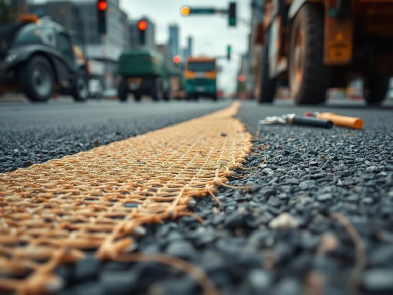 Flick International Close-up view of AI-embedded fabric in road surface predicting infrastructure damage