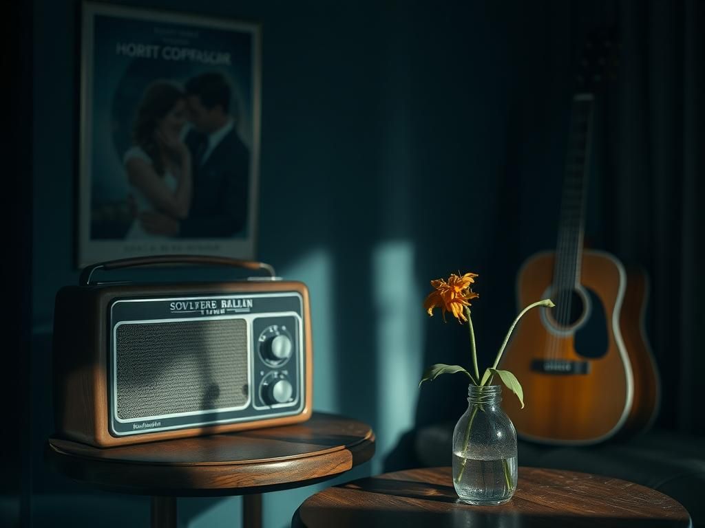 Flick International A dimly lit room with a vintage radio, representing awkward interviews about Keith Urban and Nicole Kidman.