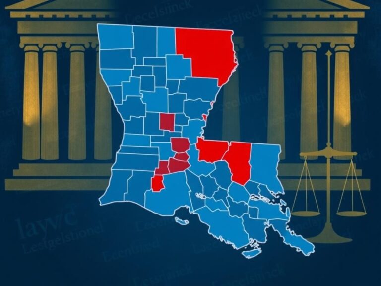 Flick International Congressional map of Louisiana illustrating majority-black and majority-white districts with courthouse elements