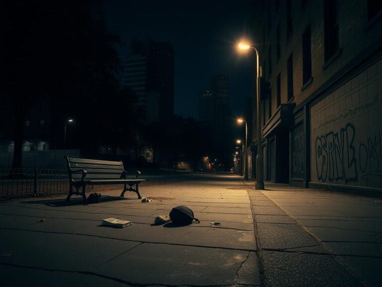 Flick International Dimly lit urban street in Washington D.C. showcasing park bench and scattered belongings