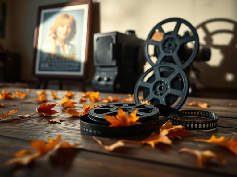 Flick International A nostalgic scene featuring an old-fashioned film reel spilling movie tape, surrounded by autumn leaves, symbolizing Diane Keaton's iconic films.