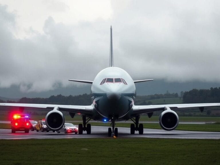 Flick International Boeing aircraft on airstrip with cracked windshield and emergency vehicles nearby
