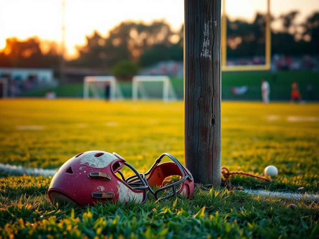 Flick International Weathered telephone pole at a football field at dusk with shoulder pads on the grass
