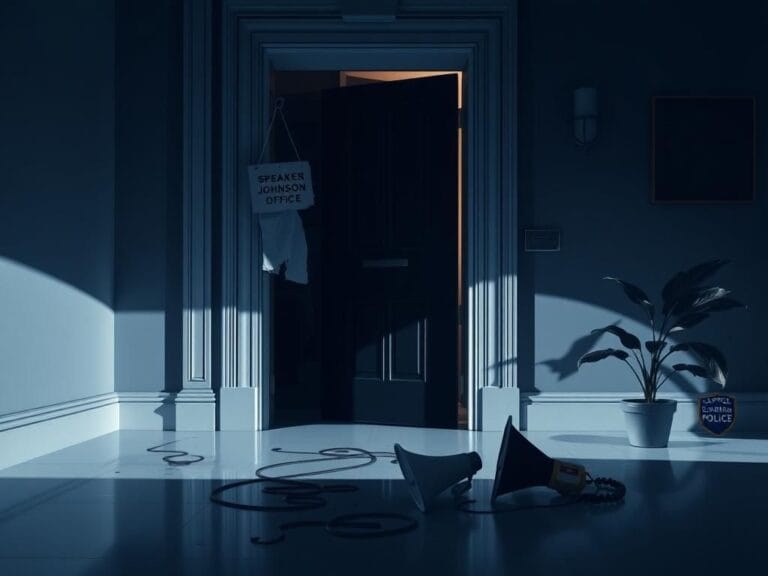 Flick International Exterior of House Speaker Mike Johnson's office with door ajar, depicting a political protest scene