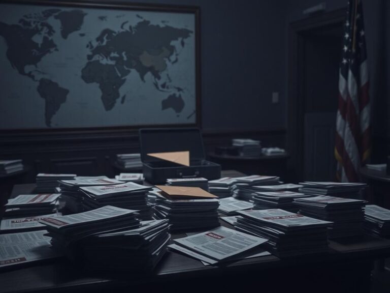 Flick International Dimly lit room filled with classified documents marked 'TOP SECRET' on a wooden table
