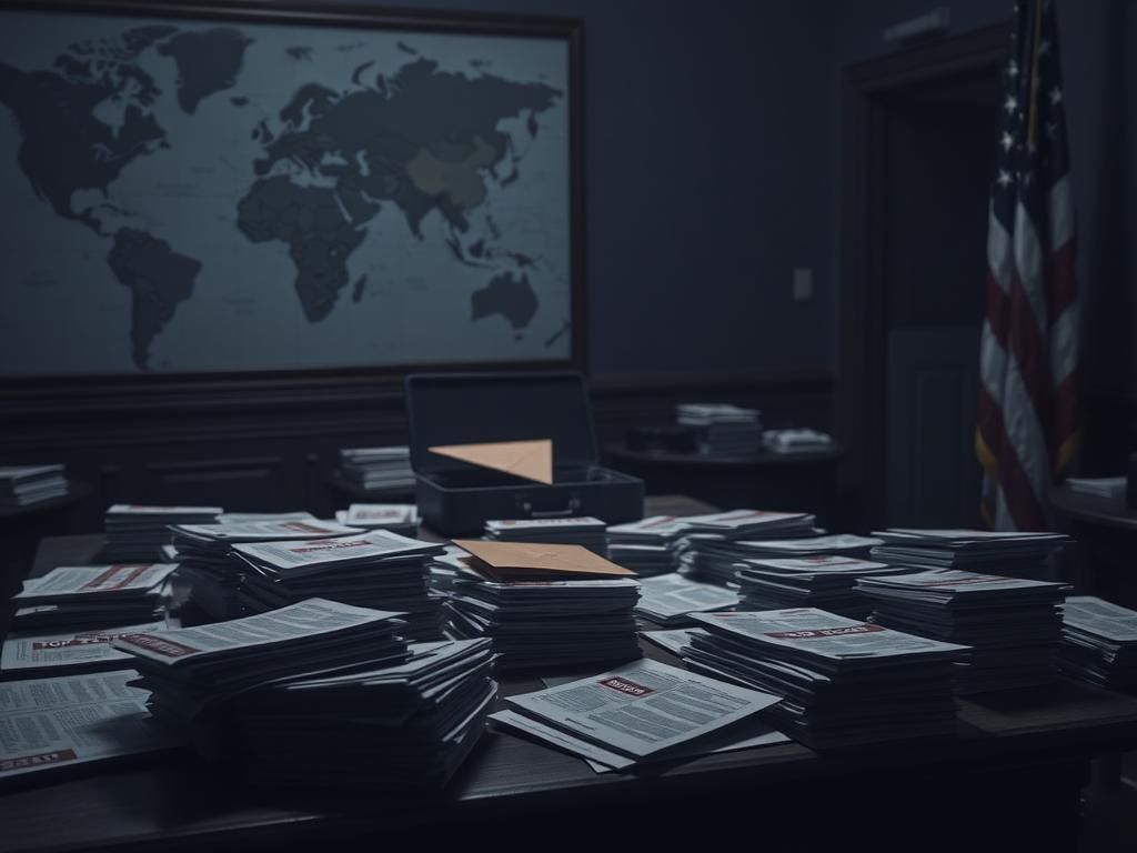 Flick International Dimly lit room filled with classified documents marked 'TOP SECRET' on a wooden table