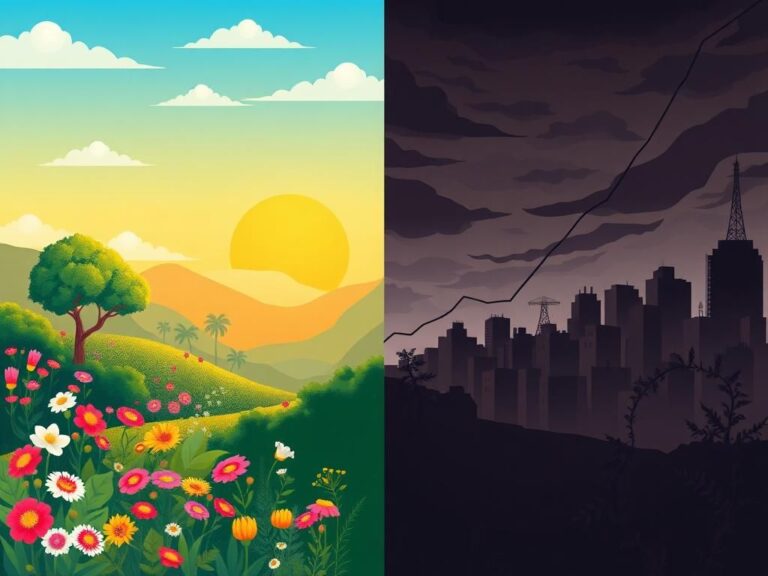 Flick International A conceptual illustration depicting contrasting themes of life expectancy recovery and youth mortality, featuring a vibrant landscape and a stark urban scene.