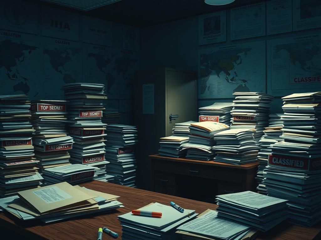 Flick International Secure government office filled with classified documents stacked high and marked 'TOP SECRET'