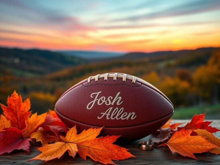 Flick International A well-worn football on a wooden table surrounded by vibrant autumn leaves and a wedding band, symbolizing Josh Allen's life beyond the NFL.