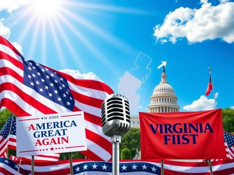 Flick International American flag waving alongside campaign signs for MAGA and America First in a vibrant political landscape.