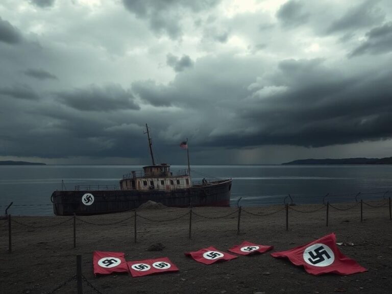 Flick International A rusted military minesweeper partially submerged in a reflective body of water, symbolizing WWII struggles against fascism.