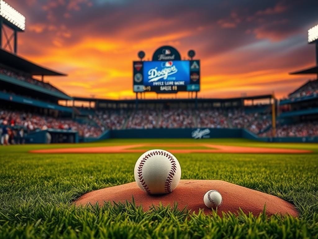 Flick International Dynamic baseball scene with a complete game ball on the pitcher's mound and cheering fans in a vibrant sunset atmosphere