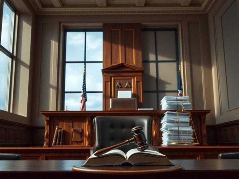 Flick International Interior of a courtroom with judge's bench and legal documents depicting the transgender locker room case