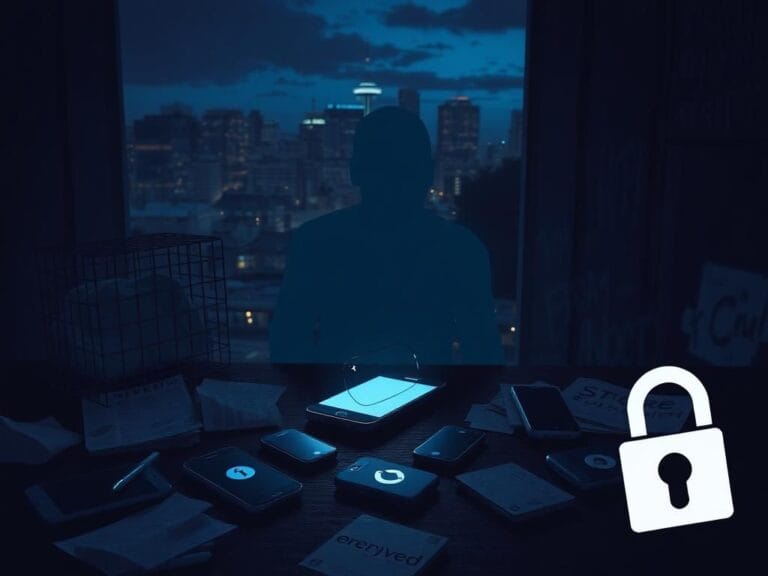 Flick International Dark urban scene in Portland at night with a glowing smartphone and burner phones