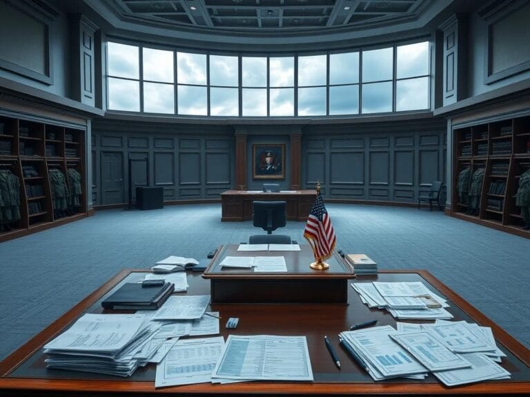 Flick International A vast, empty office of the Pentagon with a large wooden desk and military paperwork, symbolizing military affairs management during a government shutdown.