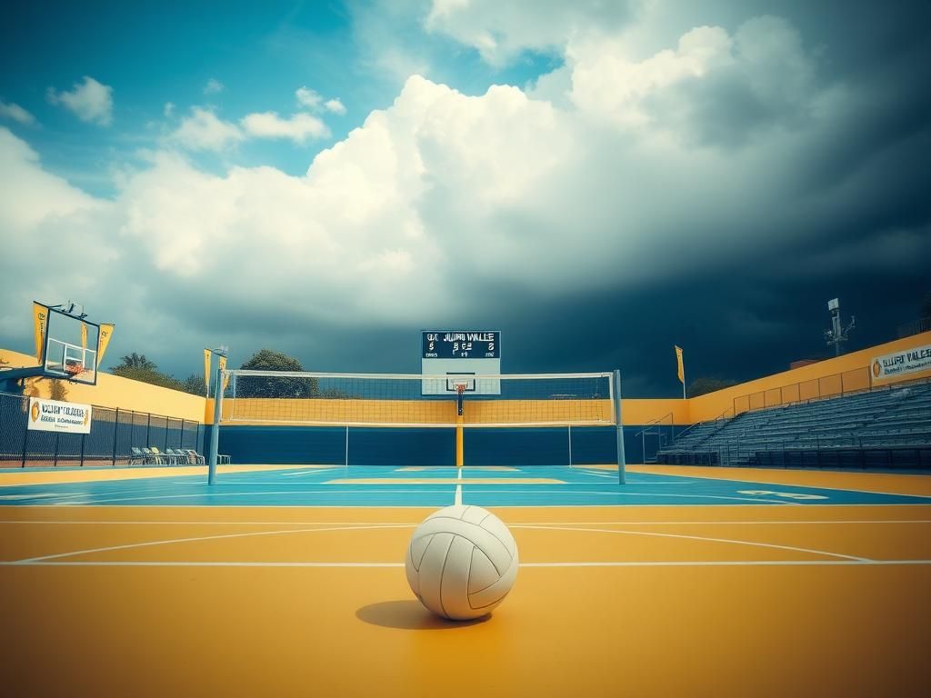 Flick International A high school volleyball court with Jurupa Valley banners, featuring a pristine volleyball and a scoreboard showing forfeited games.