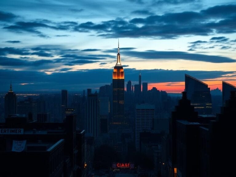 Flick International Dramatic skyline of New York City at dusk with Empire State Building illuminated