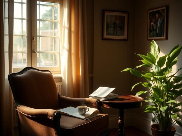 Flick International Dimly lit room with a vintage armchair, cup of tea, and script, symbolizing Michael J. Fox's return to acting.