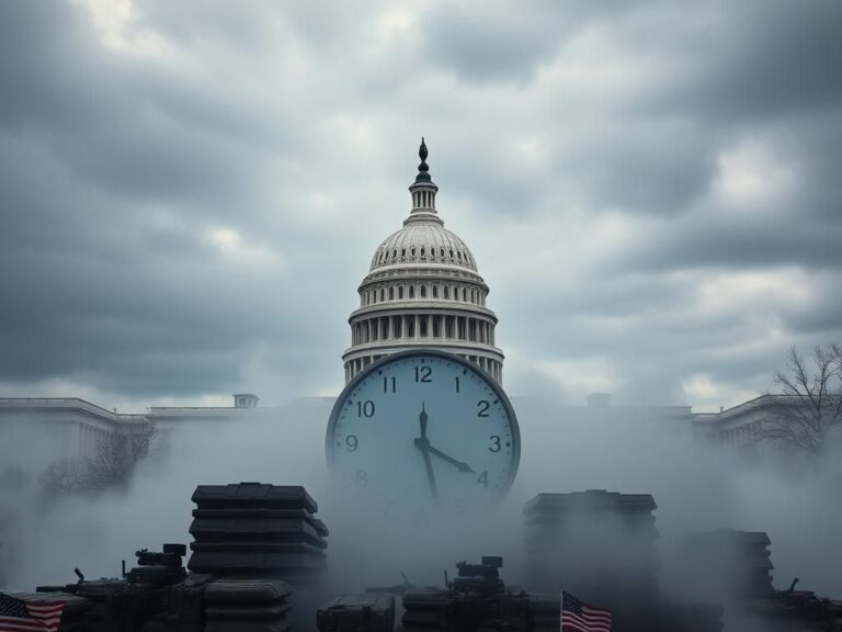 Flick International Dramatic view of the U.S. Capitol building under overcast skies with a clock symbolizing urgency