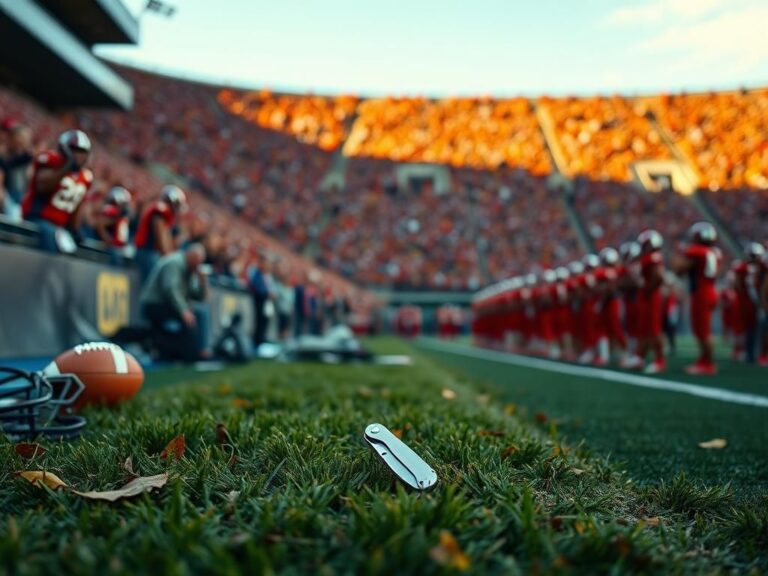 Flick International A detailed view of a football sideline with a pocket knife resting on the grass under sunlight.