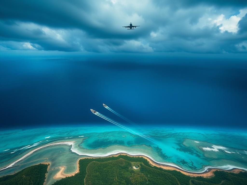 Flick International Aerial view of Caribbean coastline with drug boats fleeing in the ocean