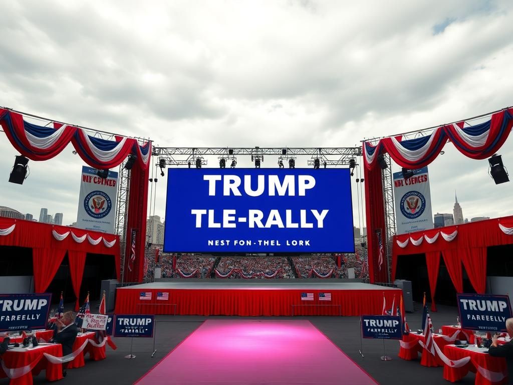 Flick International Campaign rally stage with 'Trump Tele-Rally' digital screen and New Jersey skyline