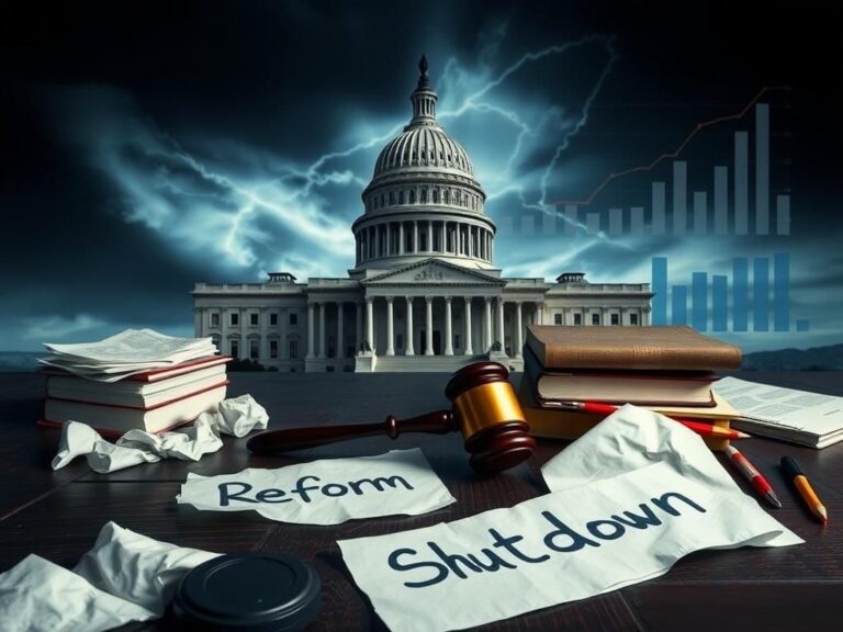 Flick International A dark and dynamic depiction of the U.S. Capitol building with crumpled papers symbolizing political turmoil during a federal government shutdown