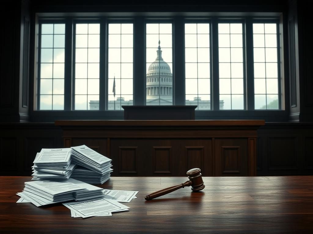 Flick International Somber courtroom with empty judge's bench symbolizing authority and justice
