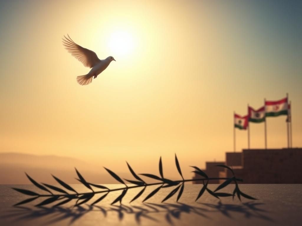 Flick International Dove soaring above a tranquil Middle Eastern landscape symbolizing hope and peace