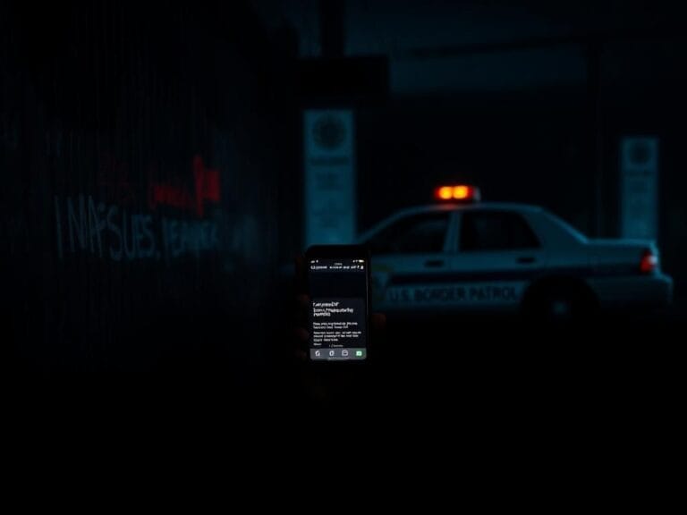 Flick International Dark urban landscape with graffiti symbolizing gang culture and a glowing phone indicating illicit communications