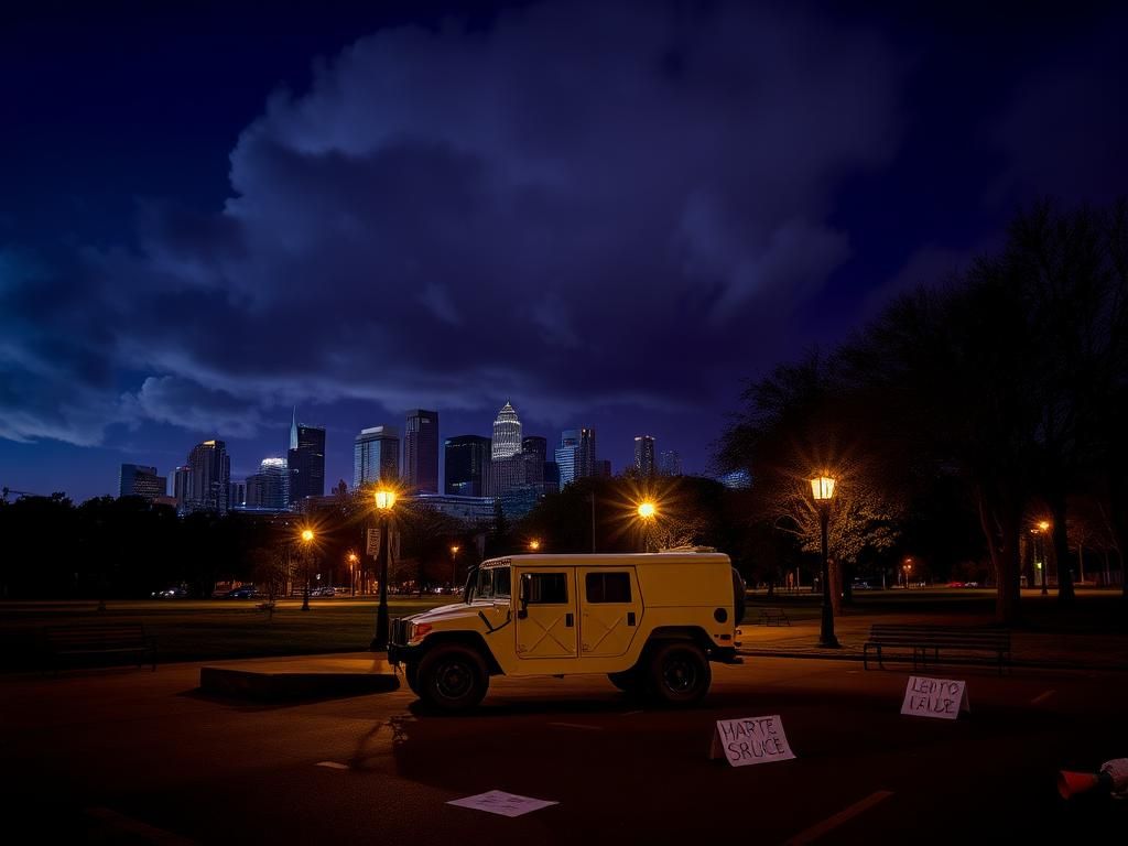Flick International A nighttime view of Portland's cityscape with a National Guard Humvee and peaceful park.