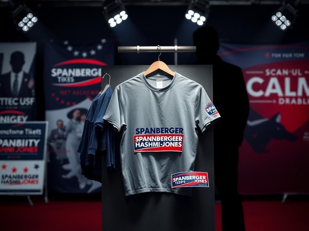 Flick International Gray-toned merchandise display stand showcasing co-branded items including a Spanberger-Hashmi-Jones t-shirt and bumper stickers.